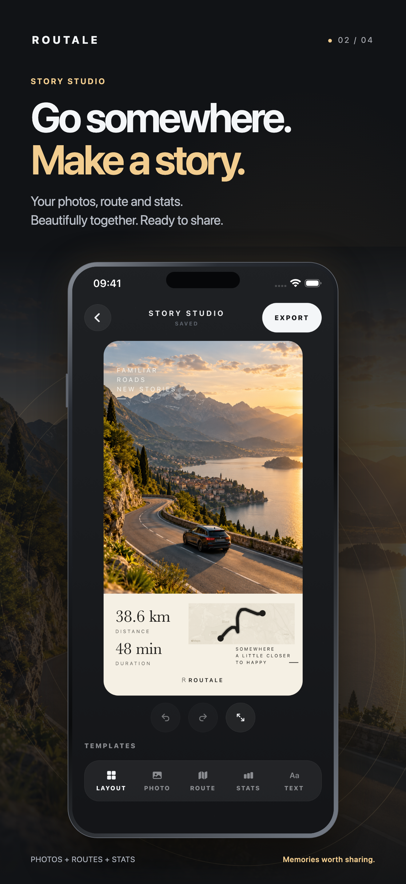 Routale Story Studio showing a journey photo and route composition